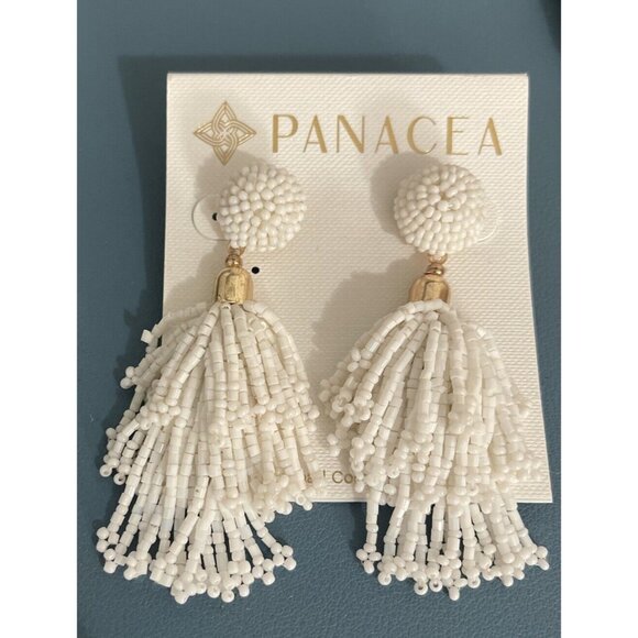 Panacea White Beaded Pierced Tassel Earrings NEW 3" Iridescent Beads MSRP $55 - Picture 1 of 1